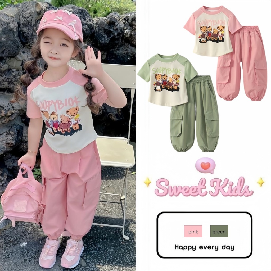 SweetKids พร้อมส่งจากกทม🌸ชุดเซ็ทเด็กผู้หญิง แฟชั่น🍓เสื้อแขนสั้นกางเกงคาร์โก้ ผ้านิ่มๆ ใส่สบาย สไตล์เกาหลี ฤดูร้อน
