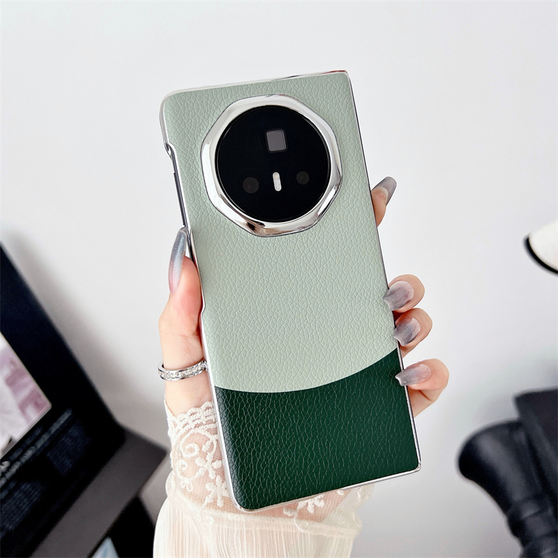 เคสหนัง Lichi ที่ตัดกันสําหรับ Huawei Honor Magic V3 Casing Electroplate PC เลนส์โลหะฝาครอบกันกระแทก