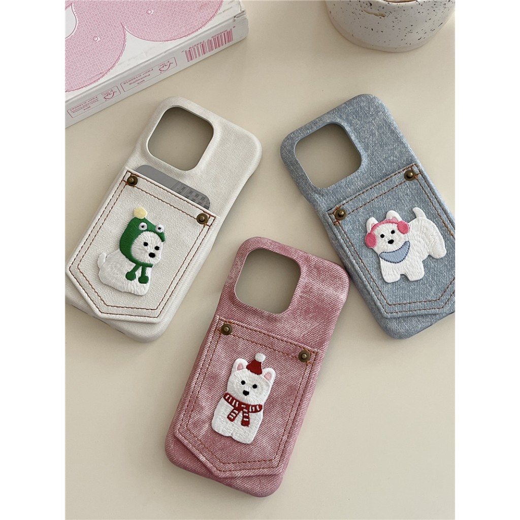 Iphone16 15 Pro max 14 Pro max ปักลูกสุนัขลายวัสดุ PU เคสการ์ดเคสโทรศัพท์