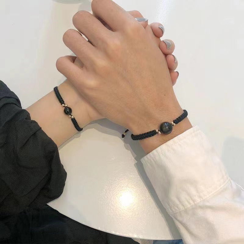 Obsidian คู่สร้อยข้อมือถัก Love Token สร้อยข้อมือคริสตัลผู้ชายผู้หญิงอารมณ์วันเกิดของขวัญคนรัก