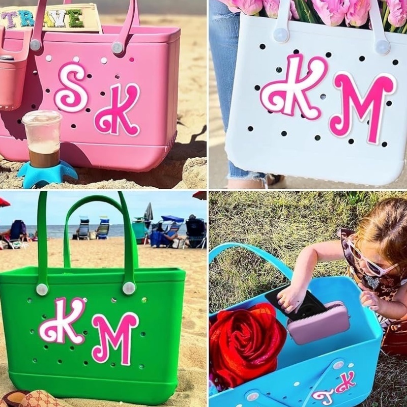 Letter Charms สําหรับ Bogg กระเป๋า AZ, 2 ชิ้น Charm อุปกรณ์เสริมสําหรับ Bogg กระเป๋าสําหรับ Simply กระเป๋าเดิมทุกรุ่น, ซิลิโคนใส่ตกแต่ง Letterring สิ่งที่แนบมาสําหรับ Beach Tote กระเป๋า