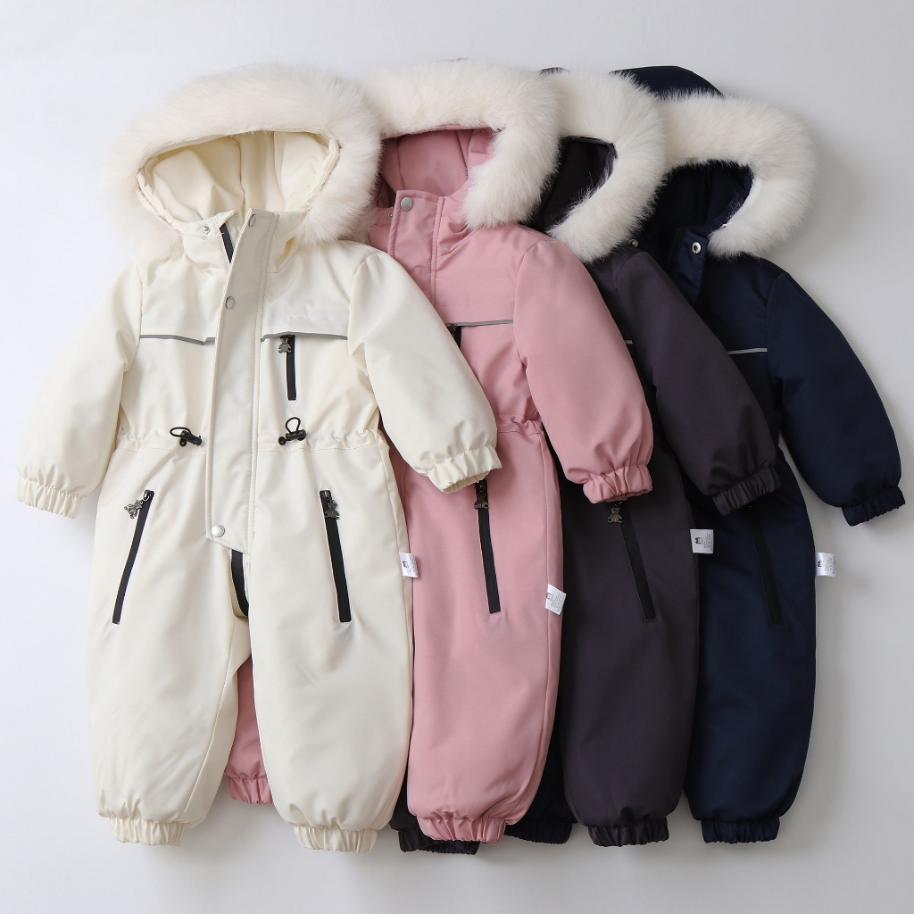 ฤดูหนาว Jumpsuit เด็กสาว Warm Hooded ชุดสกีกันน้ําเด็กหนา Snowsuit Overalls SW497