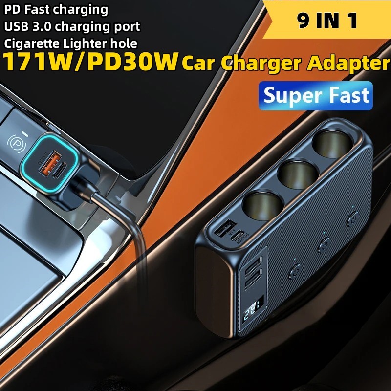 171w 9 in 1 Car Charger Adapter PD QC3.0 Fast Charge 3 ซ็อกเก็ตไฟแช็ก Splitter สวิทช์อิสระ DC Outlet สําหรับรถบรรทุกรถ