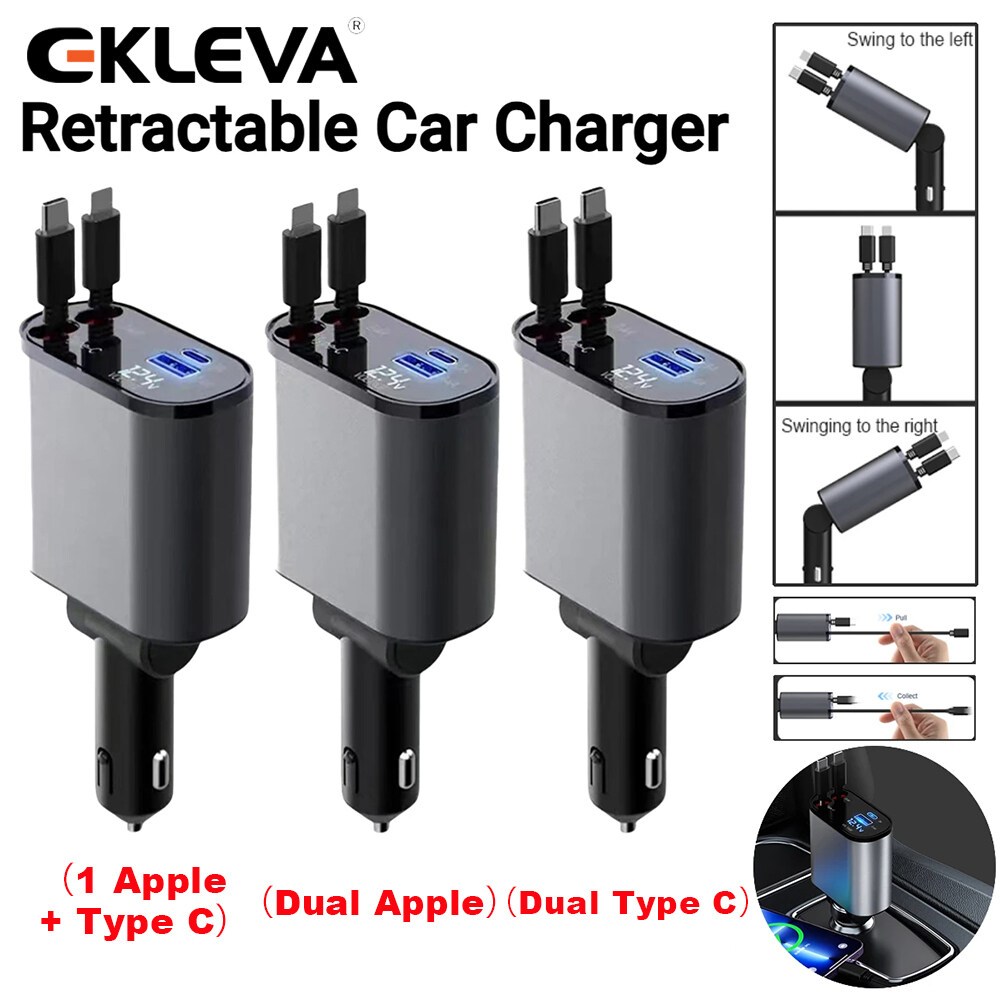 Ekleva 4 IN 1 Retractable Car Charger สาย USB Type C สําหรับ IPhone Samsung QC3.0 Fast Charge สายไฟ 