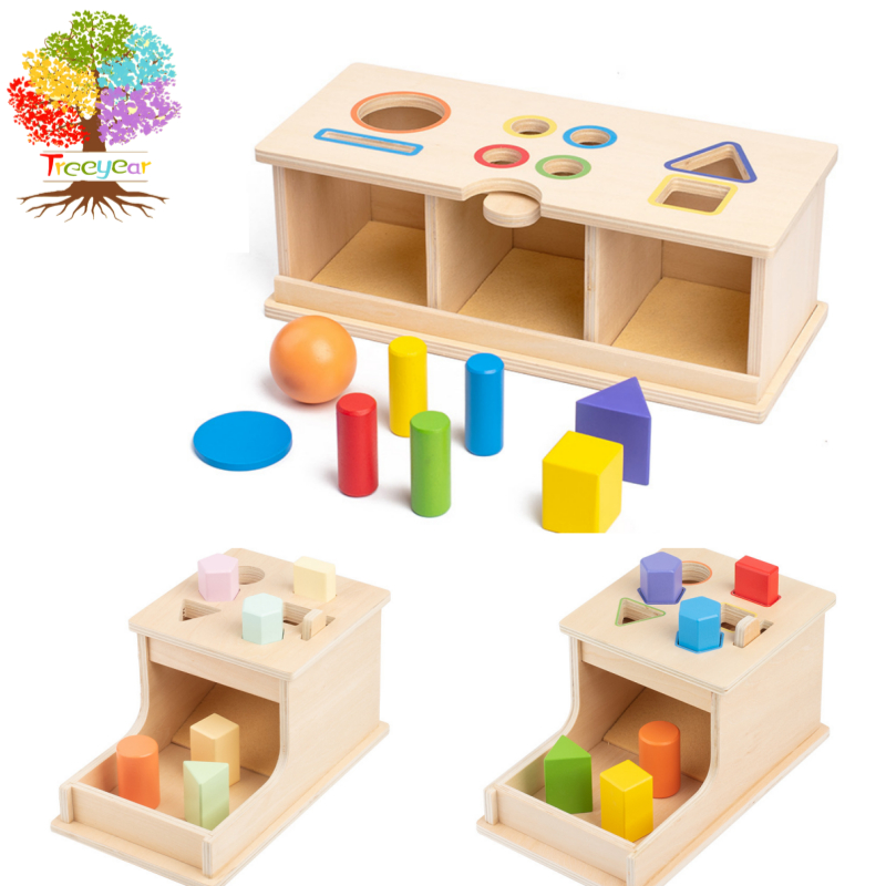 Montessori ของเล่นวัตถุ Permanence กล่อง, Montessori ไม้ Ball Drop ของเล่นเหรียญกล่องสําหรับทารก 6-12 เดือน, รูปร่างสี Sorting การเรียนรู้การศึกษาของเล่นจับคู่