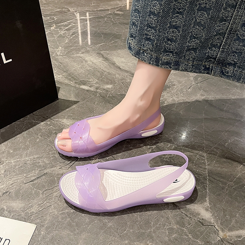 รองเท้าแตะ ส้นแบน สีม่วง รองเท้าชายหาด แฟชั่นสําหรับผู้หญิง
