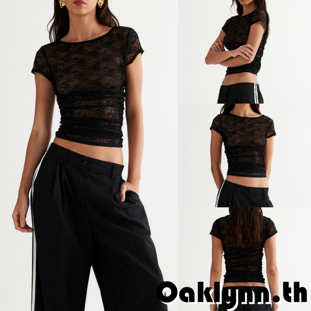 Wlmz-เสื้อยืดลูกไม้ผู้หญิงคอกลมแขนสั้นซีทรูฤดูร้อนท็อปส์สําหรับคลับปาร์ตี้