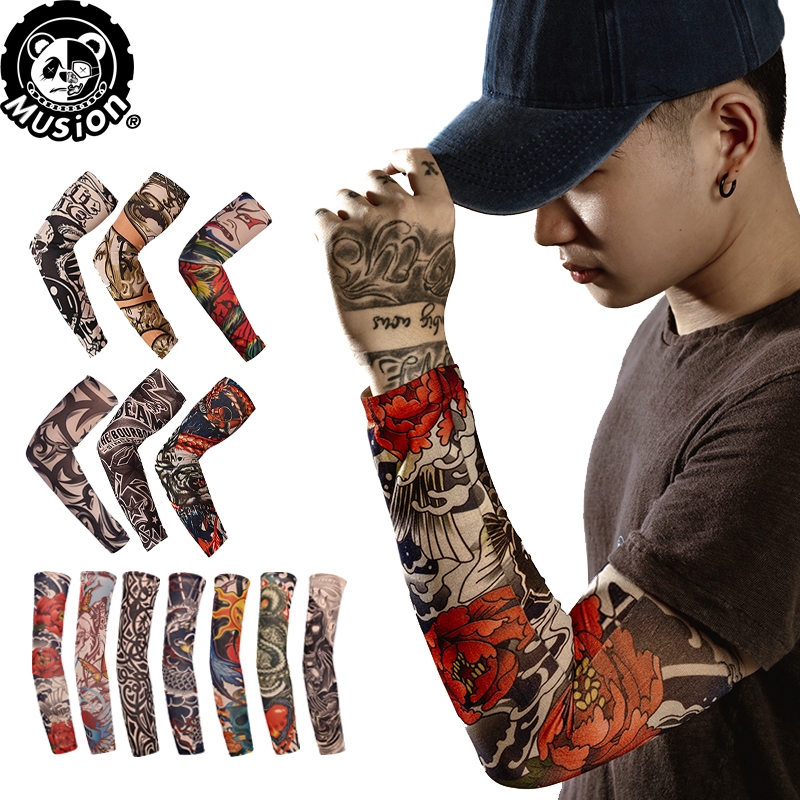 Musion พร้อมส่ง ปลอกแขนกันแดด แขนยาว ลายรอยสัก สําหรับขี่จักรยานยนต์ ตกปลา ผู้ชาย และผู้หญิง 2 ชุด