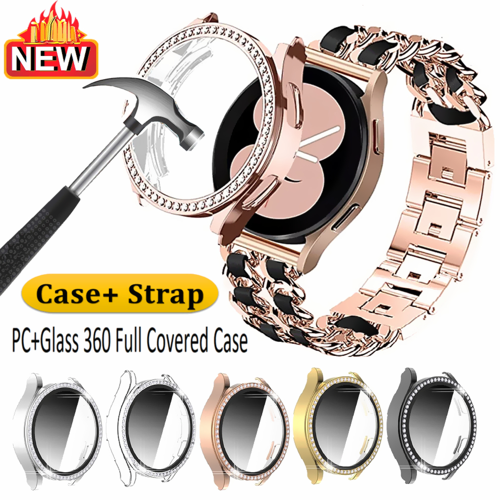 Chain Leather สาย + เคส Compatible For Samsung Galaxy Watch 7 สาย Galaxy Watch 6 สายคลุมทั้งหมด PC แก้ว Galaxy watch FE / Galaxy Watch 6 / Galaxy Watch 5 Galaxy Watch 4 สาย กรณี นาฬิกา กรณีโลหะ Galaxy Watch FE สาย Adjustable Galaxy Watch 7 Strap