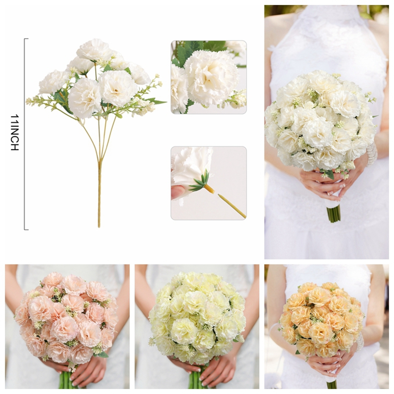 สีขาวดอกคาร์เนชั่นช่อดอกไม้ประดิษฐ์เจ้าสาวเพื่อนเจ้าสาวช่อดอกไม้ปลอมสําหรับตกแต่งบ้านสวนตกแต่งงานแต่งงานแจกันกลางแจ้งอุปกรณ์