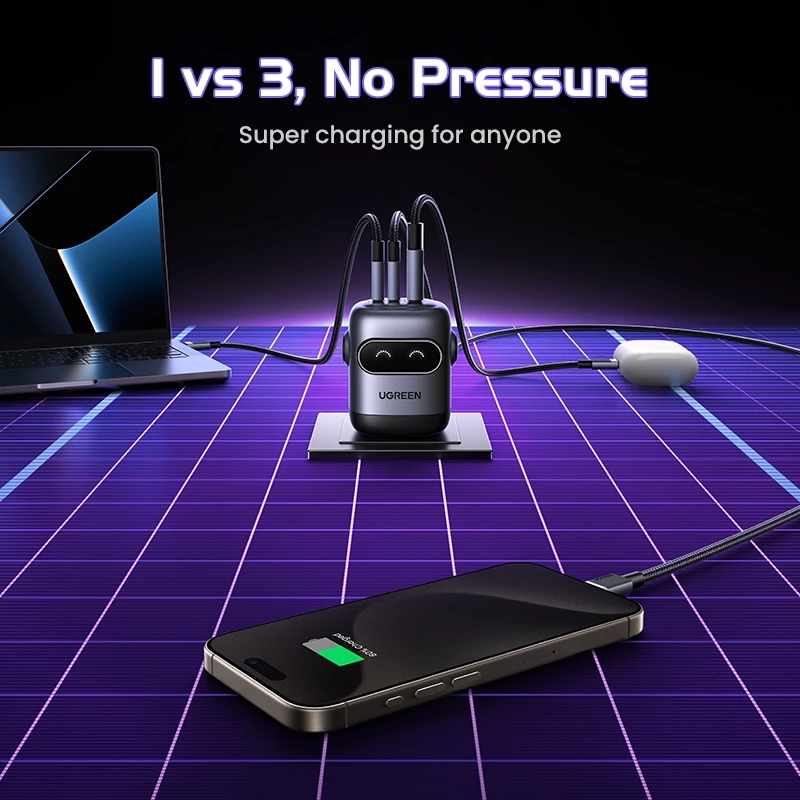UGREEN NewUGREEN Uno 65W RoboGaN 2 Charger USB C USB A Charger Mini Robot Nexode 3 พอร์ต GaN Fast Charger สําหรับ iPhone 16 Pro Max 15/15 Pro Max 14/14 Pro Max/Macbook Air/iPad Pro thumbnail 4