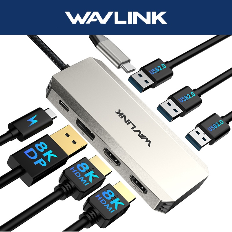 Wavlink USB C Hub พร้อม 95W Power Delivery 7-In-1 แล็ปท็อป Docking Station Triple Display 8K 4K@60Hz
