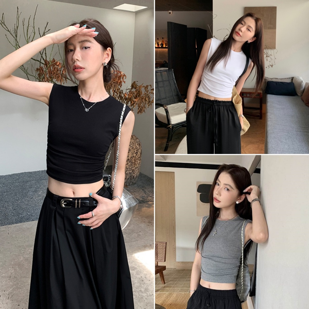 Betty house พร้อมส่ง เสื้อกล้ามผู้หญิง ผ้ายืดทรงเข้ารูป เสื้อครอปแขนกุด ดีไซน์จีบเซ็กซี่ สีผืน สไตล์เกาหลีเรียบง่าย
