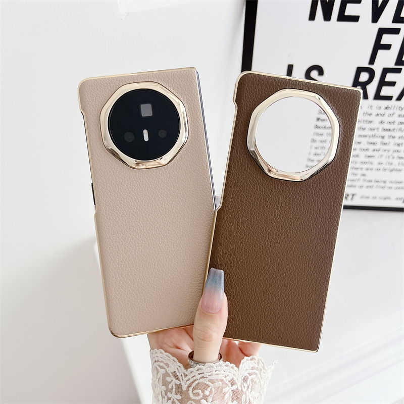 เคสหนัง Lichi สีบริสุทธิ์สําหรับ Huawei Honor Magic V3 Casing Electroplate PC เลนส์โลหะฝาครอบกันกระแทก