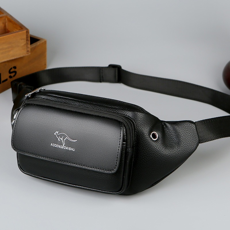 Kangaroo Mens Chest Bag PU Casual พร้อมแจ็คหูฟัง ความจุใหญ่ หลายชั้น สําหรับกีฬากลางแจ้ง ปั่นจักรยาน