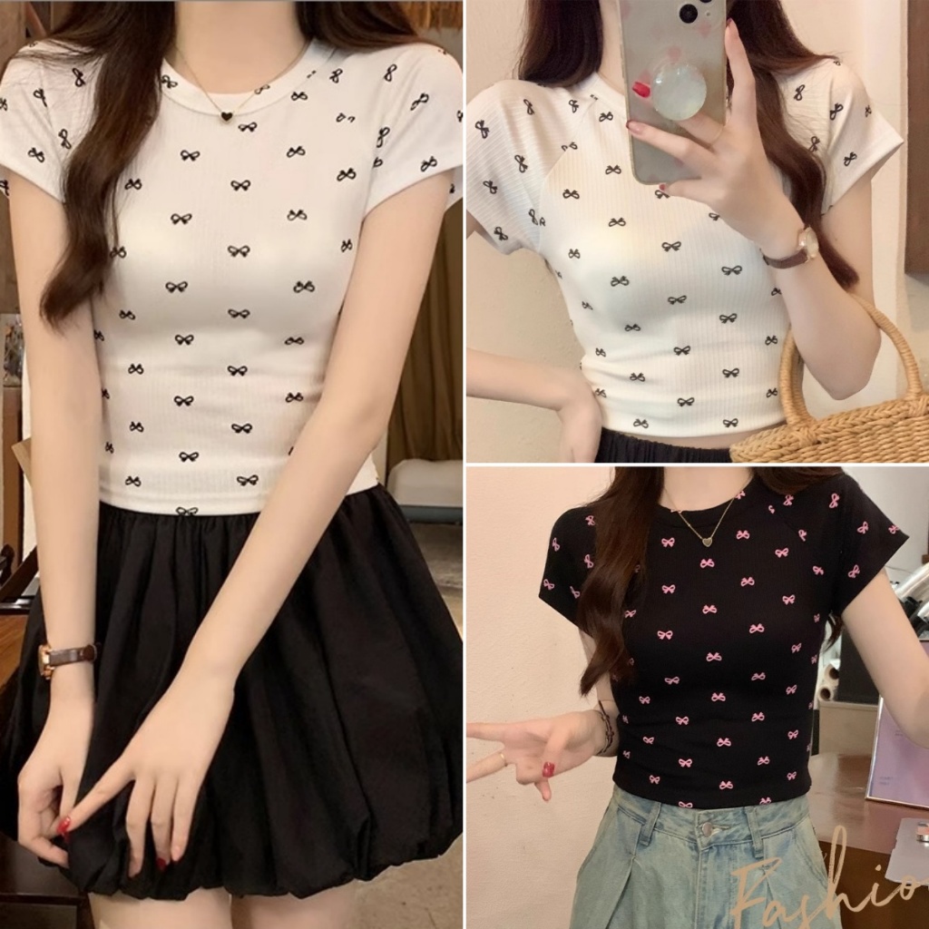 Betty house พร้อมส่ง เสื้อยืดน่ารักผู้หญิง ผ้ายืดรูปทรงสวย เสื้อรัดรูป แขนสั้นคอกลม โบว์พิมพ์ ย้อนยุค สไตล์เกาหลี รุ่นใหม่ฤดูร้อน