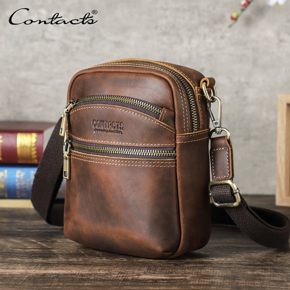 CONTACT'S ผู้ชายหนังแท้กระเป๋าสะพายขนาดเล็กcrossbodyกระเป๋าmessengerสําหรับ8.3 แท็บเล็ตแท็บเล็ต Vintage Designerกระเป๋าถือชายใหม่