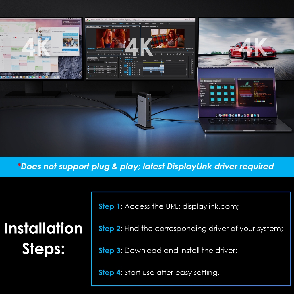 Wavlink Universal DisplayLink Docking Station Triple 4K USB C USB 3.0 แล็ปท็อป Dock สําหรับ M1 M2 M3 Mac และ Windows - รูปที่ 4