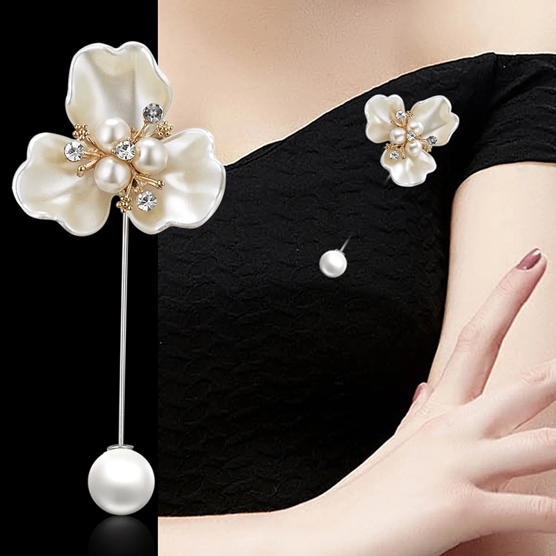 BYTH เลียนแบบ Pearl Camellia ดอกไม้เข็มกลัดผู้หญิงดอกไม้สีขาวกลีบช่อดอกไม้ยาวเสื้อปก Pin ของขวัญ byth
