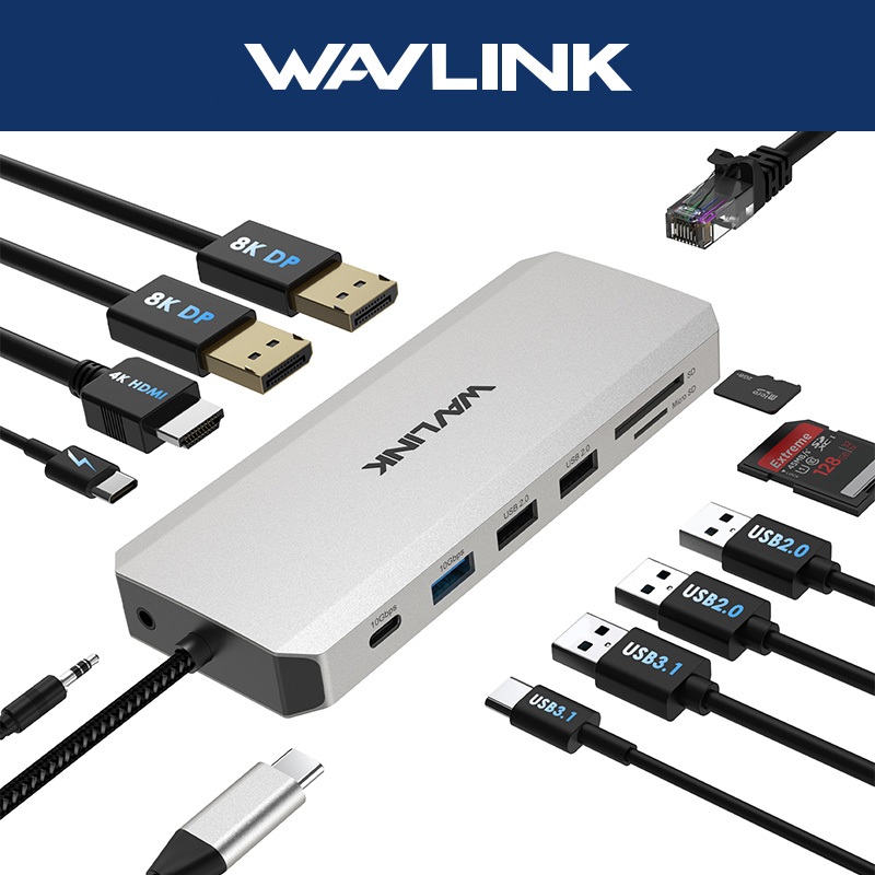 Wavlink 12-in-1 USB C HUB Triple Display Thunderbolt 3/4 Docking Station 4K HDMI Dual 8K DP 100W PD 