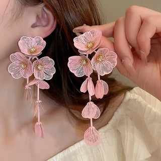 เข็มเงินเพทายกลีบดอกไม้พู่ต่างหูขนาดเล็กสดอารมณ์หวานโอ้อวดต่างหูสไตล์วันหยุดลมต่างหู