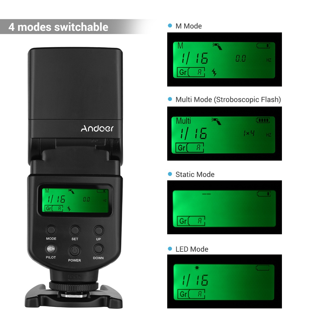 Andoer แฟลช Speedlite GN40 LED ปรับได้ พร้อมแบร็คเก็ต แบบเปลี่ยน สําหรับกล้อง Canon Nikon Olympus Pentax DSLR
