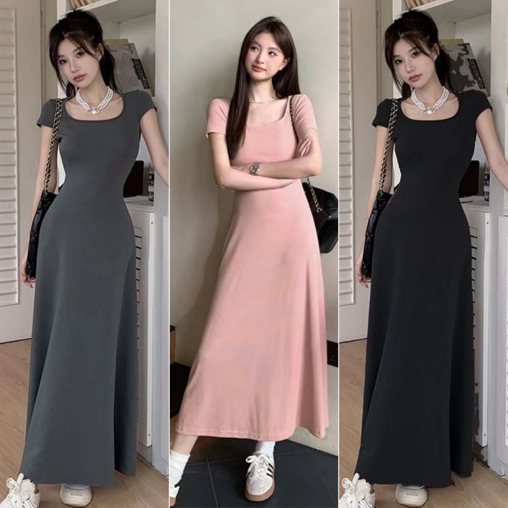 Hotgirl พร้อมส่ง✨ชุดเดรสผู้หญิง เดรสยาว ชุดเดรท กระโปรงยาว น่ารัก แขนสั้น คอเหลี่ยม แฟชั่น  สไตล์เกาหลี