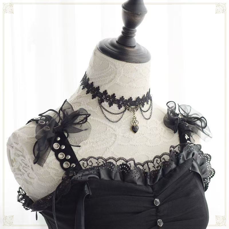Diablo Lolita พังค์หัวใจพีชสร้อยคอลูกไม้สร้อยคอสร้อยคอสร้อยคอสร้อยคอสร้อยคอสไตล์โกธิควินเทจสำหรับแม่ชี