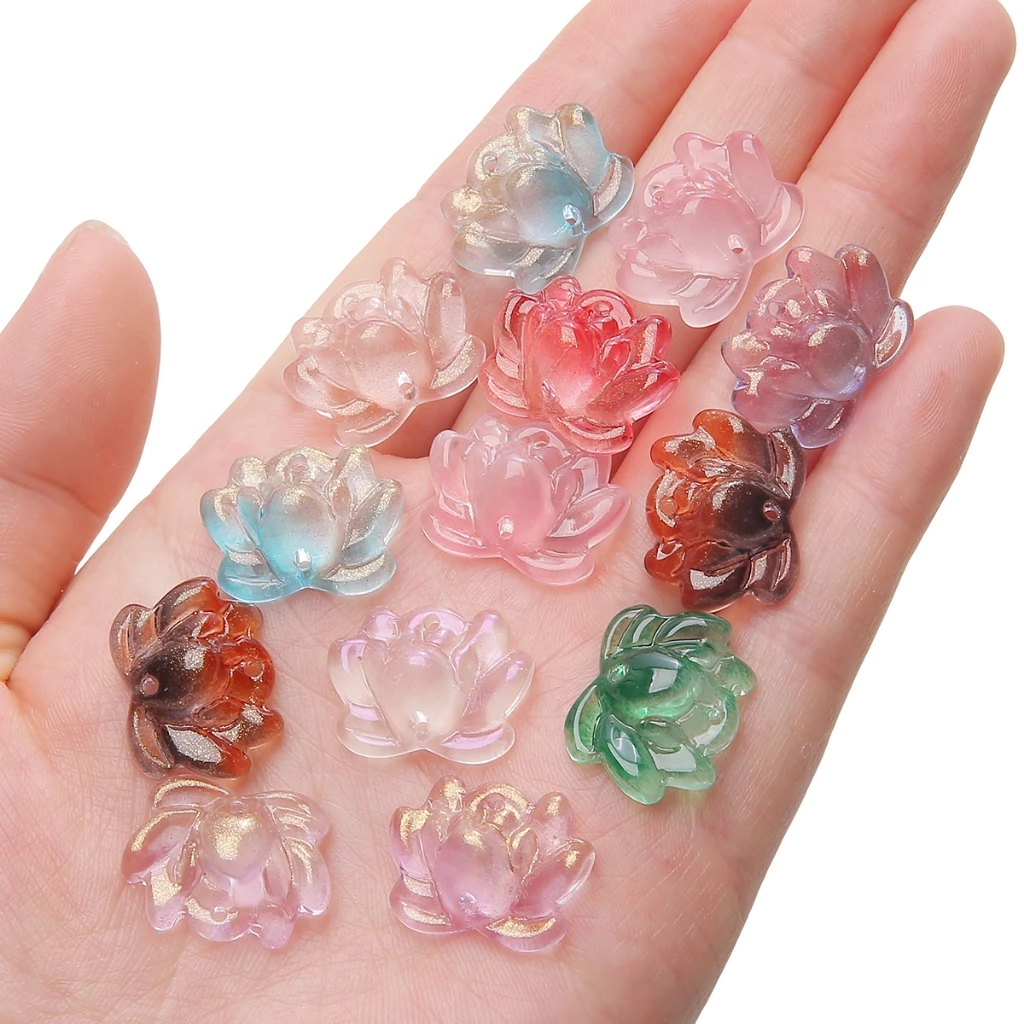 [21x16 มม.] 5 ชิ้น Double Hole Lotus ลูกปัดแก้ว Lotus จี้โปร่งใสสีสัน Lotus DIY เครื่องประดับทําด้วยมือ