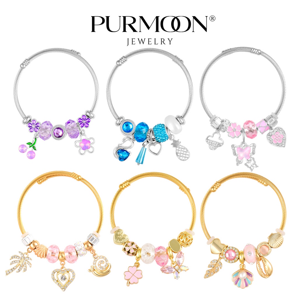 Purmoon Lucky Charm กําไลข้อมือน่ารักลูกปัด Lady สร้อยข้อมือสําหรับสาวผู้หญิงสร้อยข้อมือวันเกิดทุกวันครบรอบมงคลหญิงชายวันเกิดทุกวันหมั้นเคลือบโลหะ