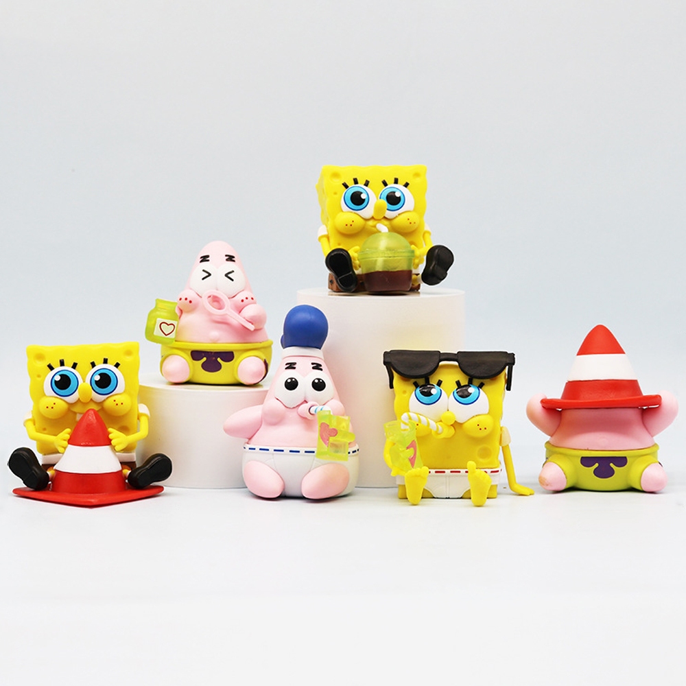 6 ชิ้น/เซ็ต 6-8 ซม.อะนิเมะฟองน้ําเด็กรูป Roadblock Patrick Star รุ่น Q PVC Action Figures รุ่นเดสก์ท็อปตกแต่งตุ๊กตาของเล่นของขวัญ