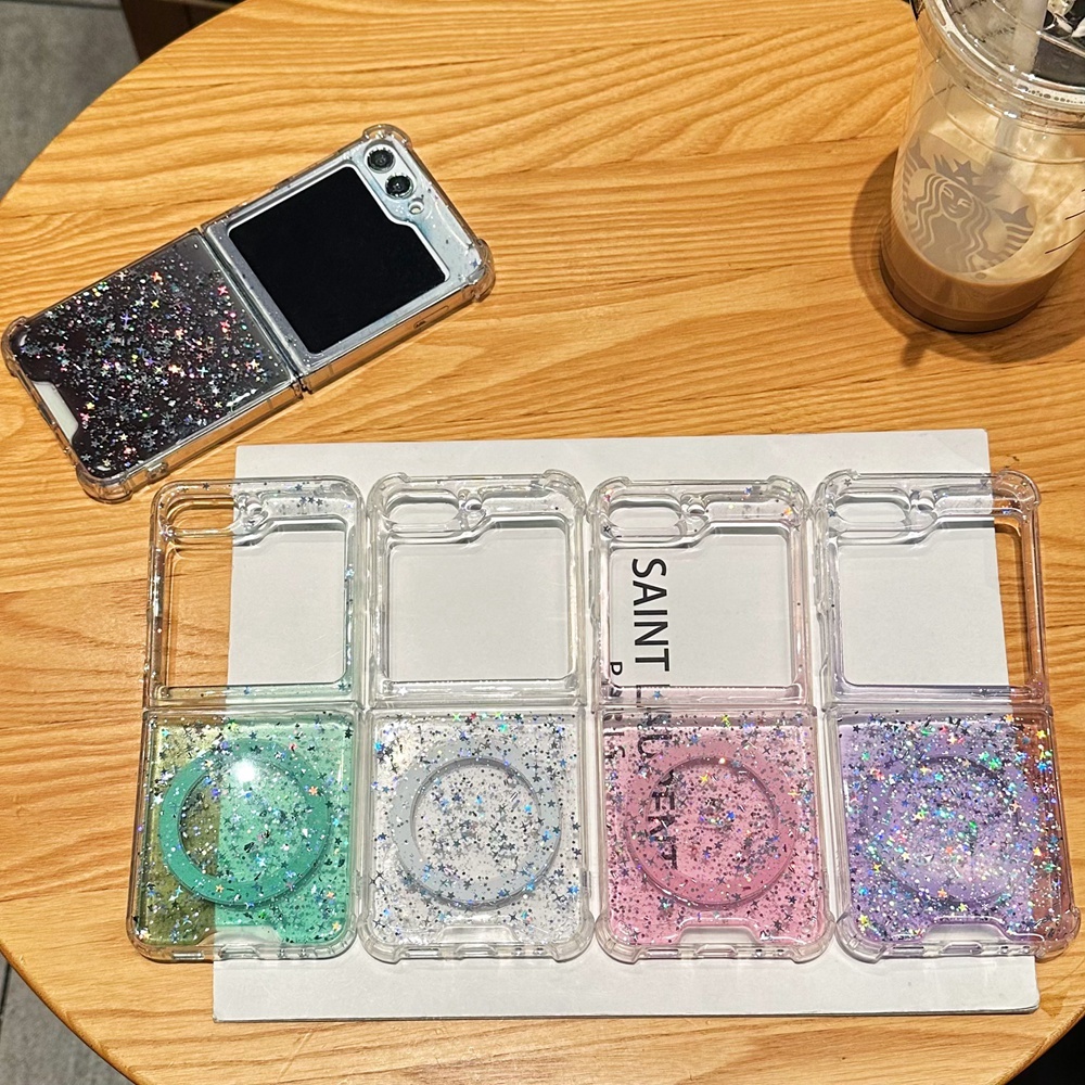 Glitter Sequins สายชาร์จแม่เหล็กสําหรับ Samsung Galaxy Z Flip 8 7 6 4 3 5 ฝาครอบซิลิโคนอ่อนนุ่มโปร่งใส 2 in 1 Combo Shell