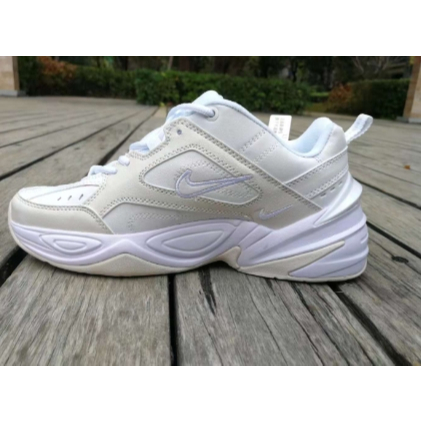 Nike M2K tekno spruce aura Daddy หนังสีขาวสีเทาแฟชั่นสบาย Shock Absorption Anti-slip Low-cut Daddy ร