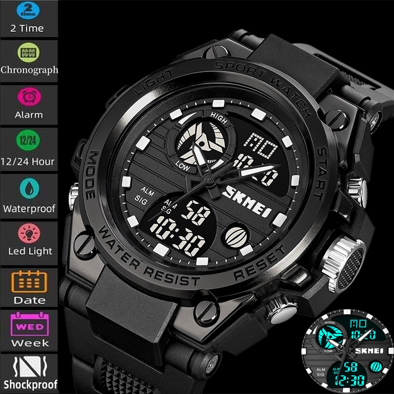 Skmei Mens Quartz Analog Dual Time แฟชั่นขนาดใหญ่หน้าปัดกันน้ํานาฬิกาสปอร์ตดิจิตอลสาย TPU Led นาฬิกาปลุกโครโนกราฟ