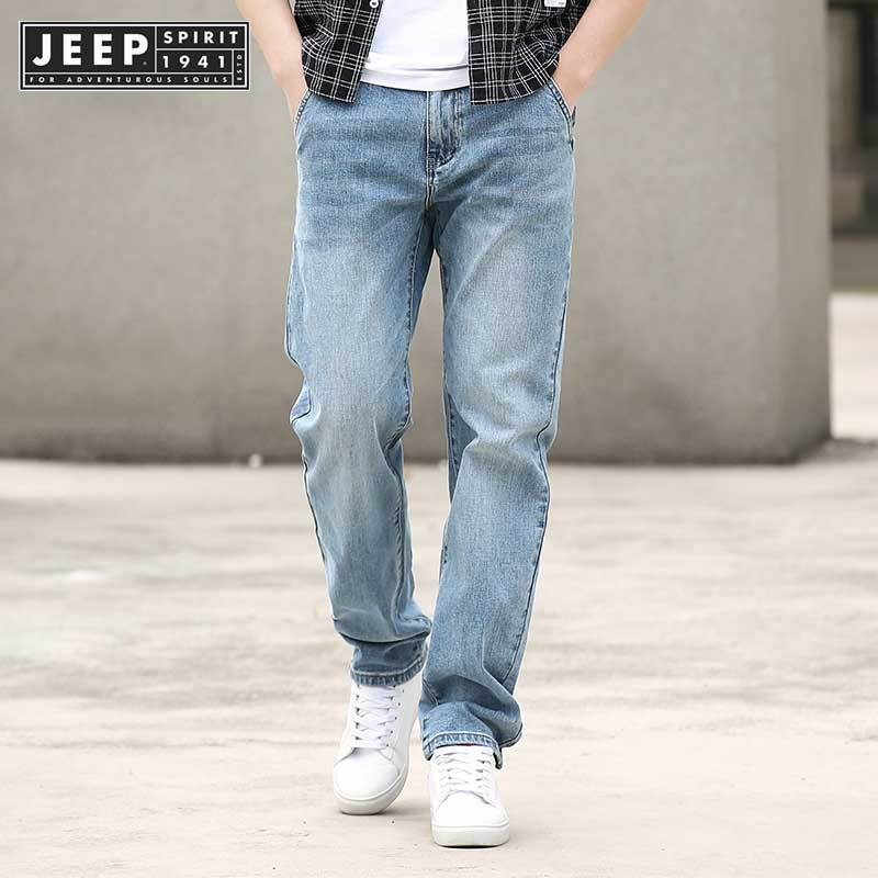 Jeep SPIRIT 1941 ESTD กางเกงยืดปกติฤดูใบไม้ผลิสีฟ้าอ่อนสไตล์ผู้ชายผ้ายีนส์ผ้าฝ้ายนุ่มสบายๆ