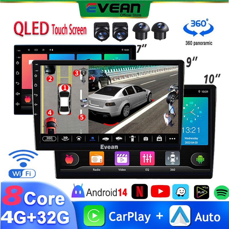 Evean Qled จอ android รถยนต์ 8 core 4G Ram+32G Rom Android Player รถหัวหน่วย 2din Android 14 วิทยุบลูทูธสเตอริโอรองรับ 360 กล้องพาโนรามา