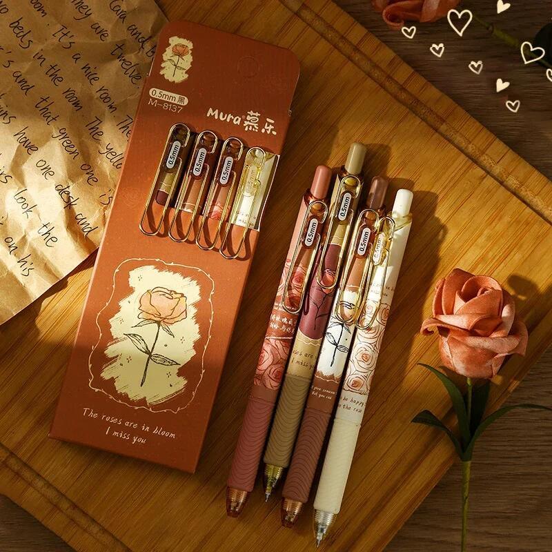 4ชิ้น/กล่องโรแมนติกกุหลาบเจลปากกาวินเทจ0.5มิลลิเมตรหมึกสีดําปากกาเป็นกลาง น่ารัก ปากกาลายเซ็นเครื่องเขียนอุปกรณ์สํานักงาน
