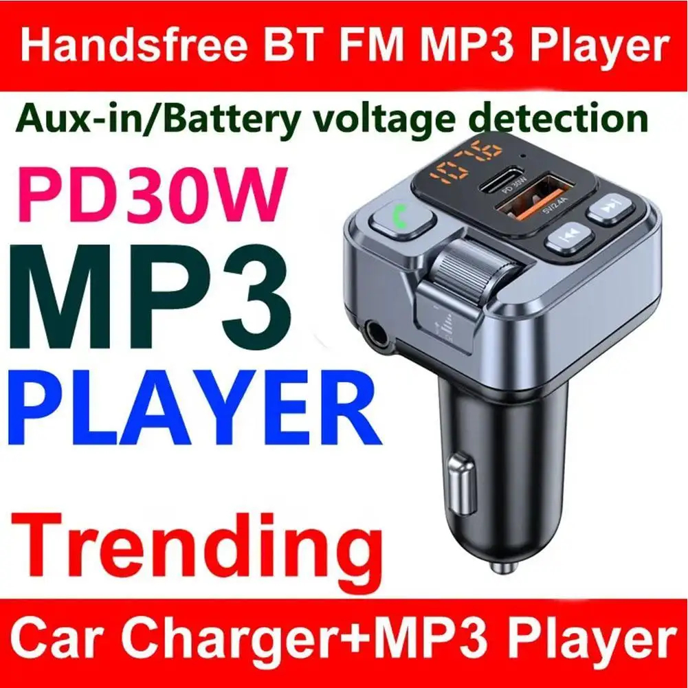 30w Car Charger Fast Charging Adapter FM บลูทูธเครื่องส่งสัญญาณแฮนด์ฟรีพร้อมแรงดันไฟฟ้า Monitor MP3 