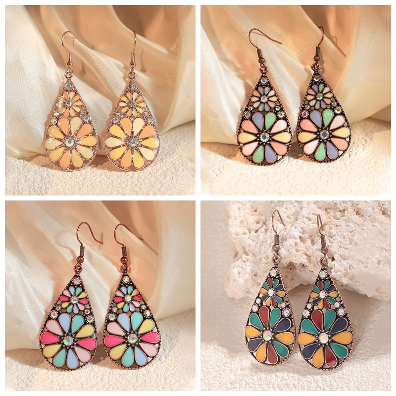 Retro Multicolor เคลือบคริสตัลดอกไม้ต่างหูผู้หญิงดอกไม้ประณีต Water Drop Dangle ต่างหูแฟชั่นเครื่องประดับของขวัญ