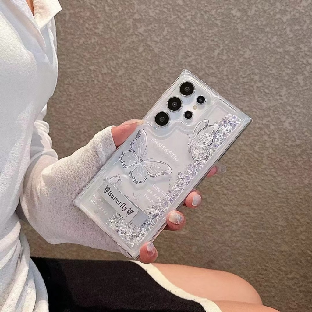 สําหรับ Samsung S25 S24 Ultra S21 S22 Plus S23 ผีเสื้อหรูหรา Glitter Liquid Bling Stand Case Cover - รูปที่ 2