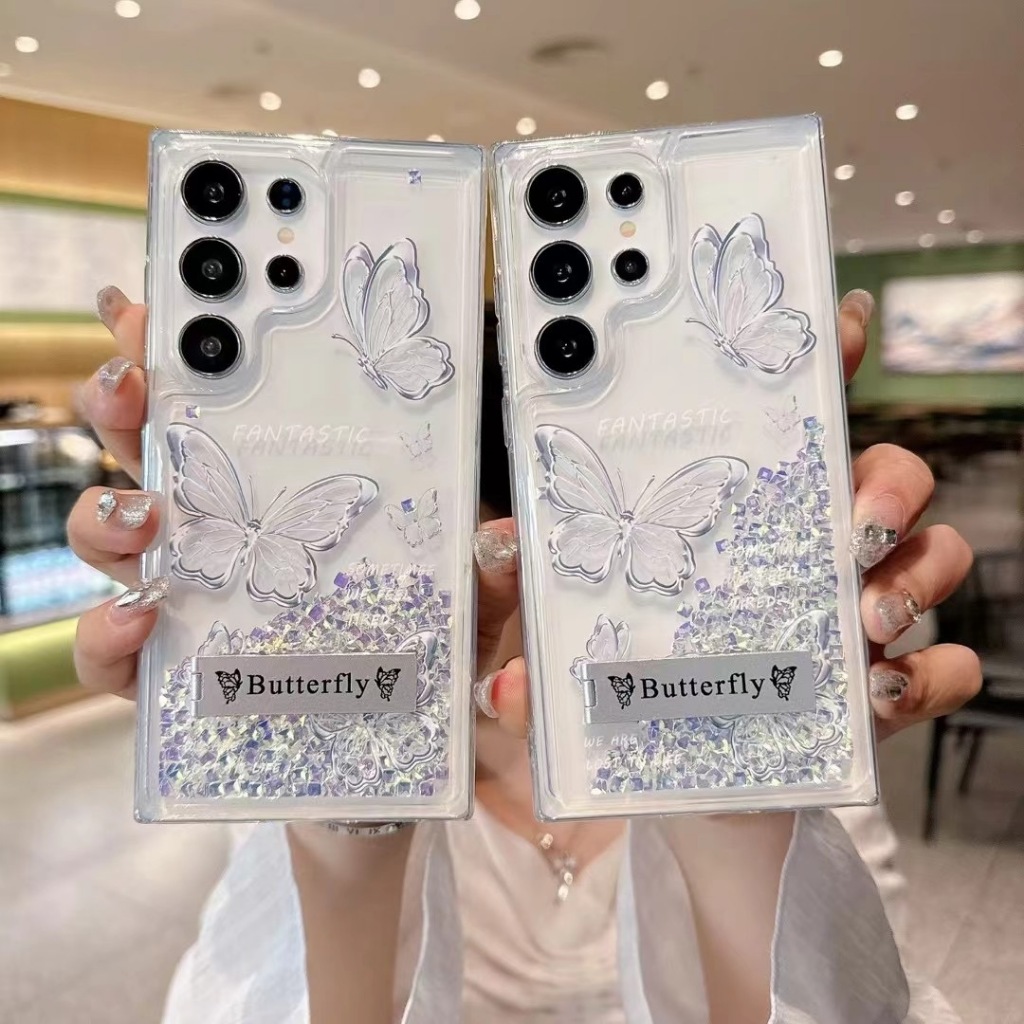 สําหรับ Samsung S25 S24 Ultra S21 S22 Plus S23 ผีเสื้อหรูหรา Glitter Liquid Bling Stand Case Cover