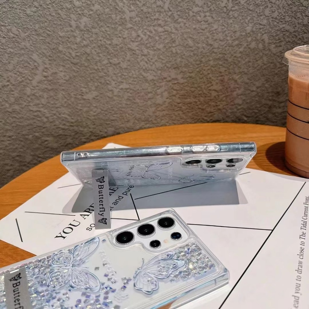 สําหรับ Samsung S25 S24 Ultra S21 S22 Plus S23 ผีเสื้อหรูหรา Glitter Liquid Bling Stand Case Cover - รูปที่ 7