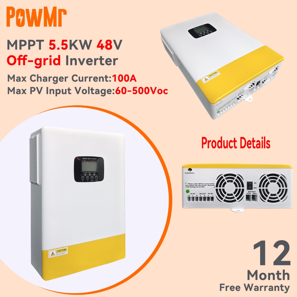 Powmr MPPT 5.5KW Hybrid Inverter Pure Sine Wave ในตัว 100A MPPT Solar Charger Controller 50/60Hz รอง