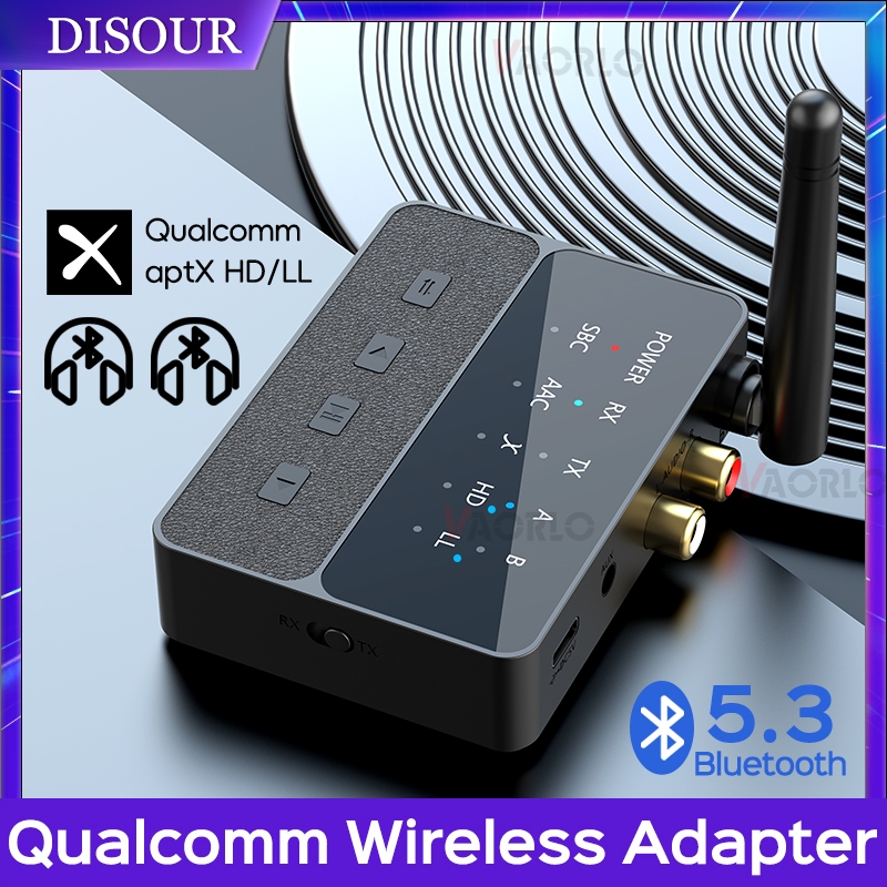 Disour Qualcomm บลูทูธ 5.3 ตัวรับสัญญาณเครื่องส่งสัญญาณ aptX HD/LL Latency ต่ํา 3.5 มม.AUX RCA แจ็คอะแดปเตอร์เสียงไร้สายสําหรับ PC TV