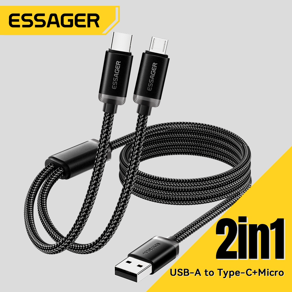 Essager 2A USB-A ถึง Type-C+Micro อินเทอร์เฟซ 2 in 1 สายชาร์จข้อมูลอย่างรวดเร็ว