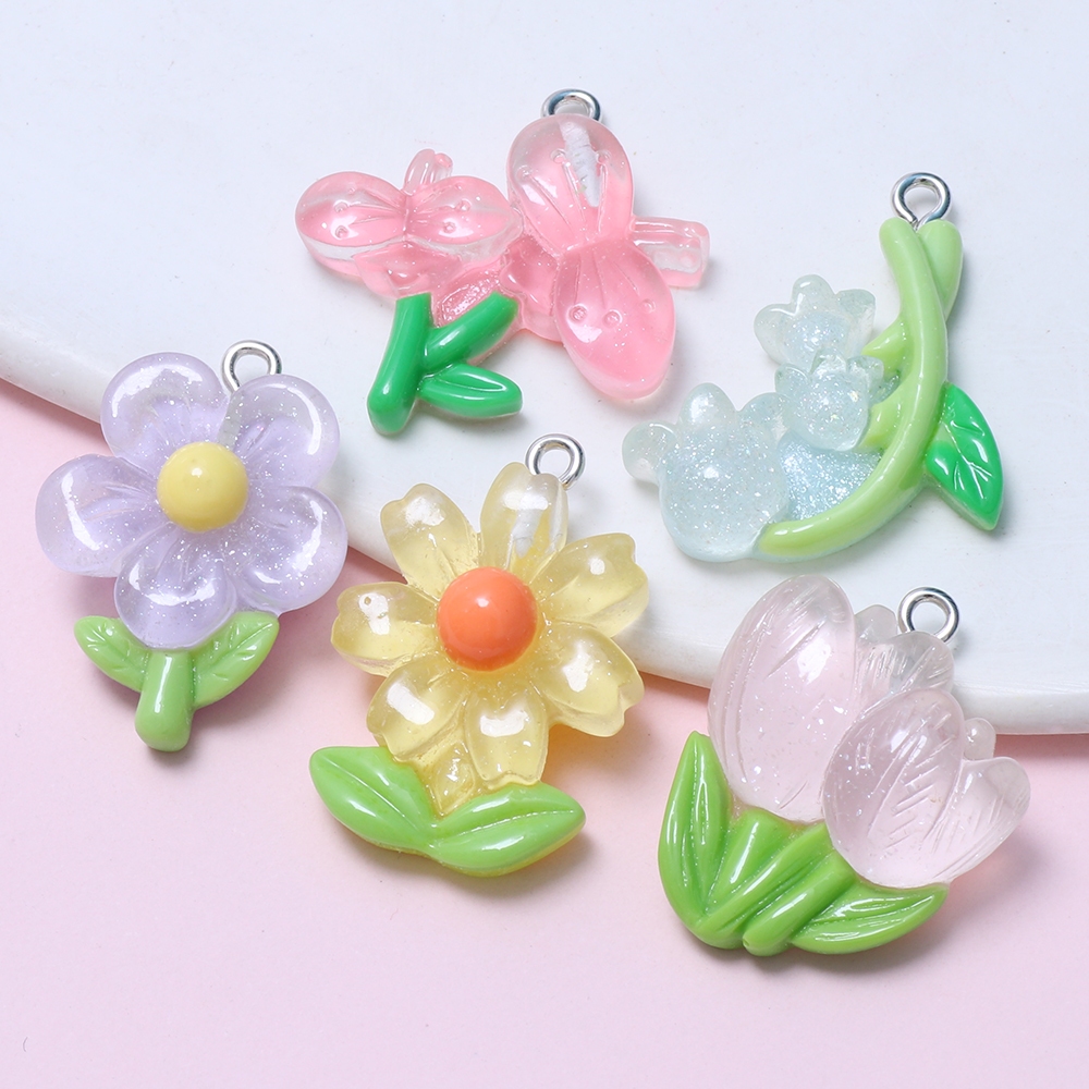 10pcs ใหม่ Kawaii เรซิ่น Charm DIY สร้อยคอสร้อยข้อมือพวงกุญแจอุปกรณ์เสริมจี้ดอกไม้