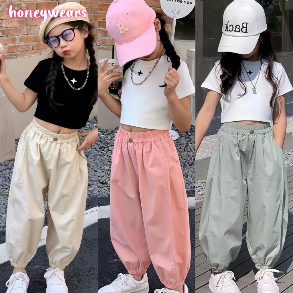 honeywears พร้อมส่ง กางเกงฮาเร็มเด็กแฟชั่น รัดเท้าขายาว ทรงหลวม ลำลอง ฤดูร้อน ไซส์ 120-160