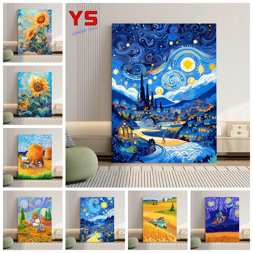Victory✨-ระบายสีตามตัวเลข 30x40cm/40x50cm ภาพสีน้ํามันดิจิตอล DIY ชุดระบายสีมือวาดภูมิทัศน์แวนโก๊ะ ดาว บรรเทาความเบื่อหน่าย