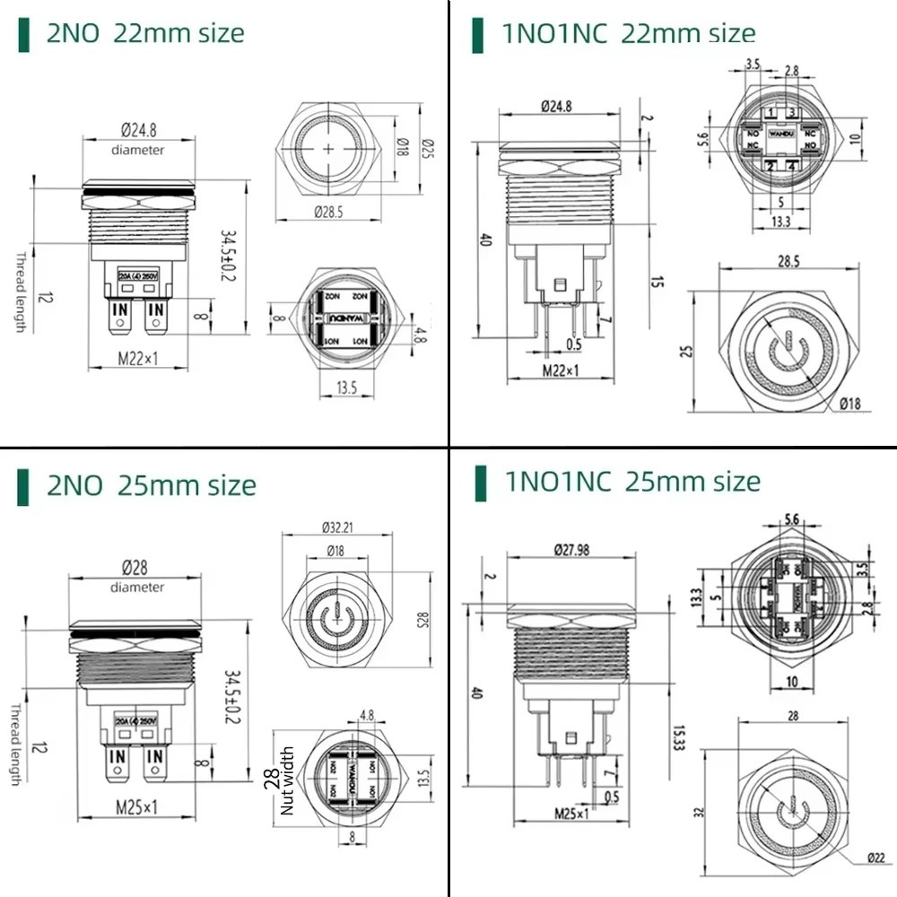สวิตช์ปุ่มกด LED ส่องสว่างสูง 22 มม. Momentary Latching รูปที่ 7