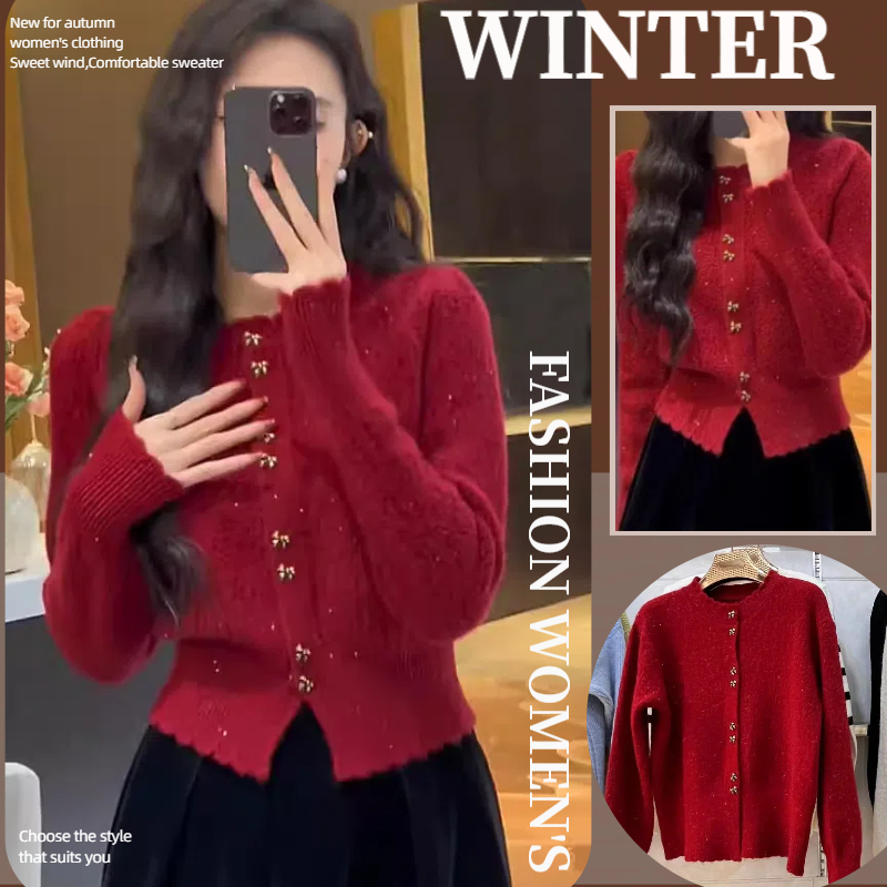 NZN เสื้อสเวตเตอร์คาร์ดิแกนถักแขนยาวหัวเข็มขัดสีทองโบว์ฤดูใบไม้ร่วงสไตล์เกาหลีสําหรับผู้หญิง